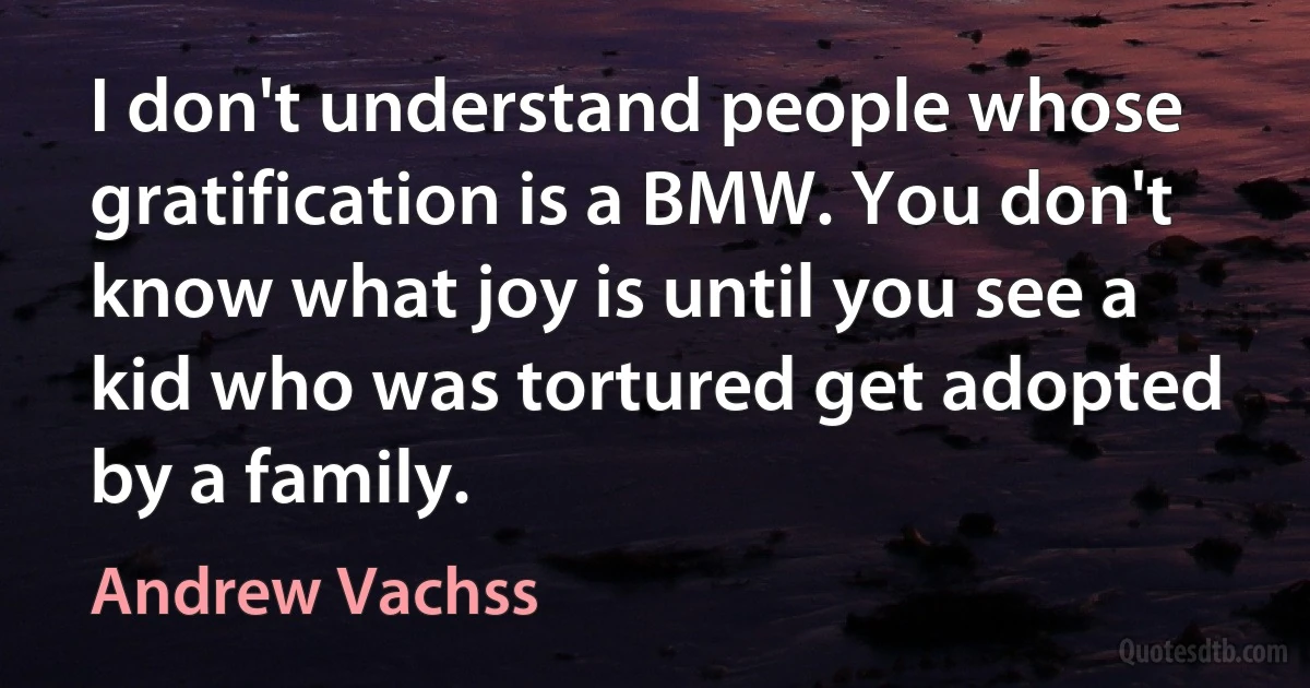 I don't understand people whose gratification is a BMW. You don't know what joy is until you see a kid who was tortured get adopted by a family. (Andrew Vachss)