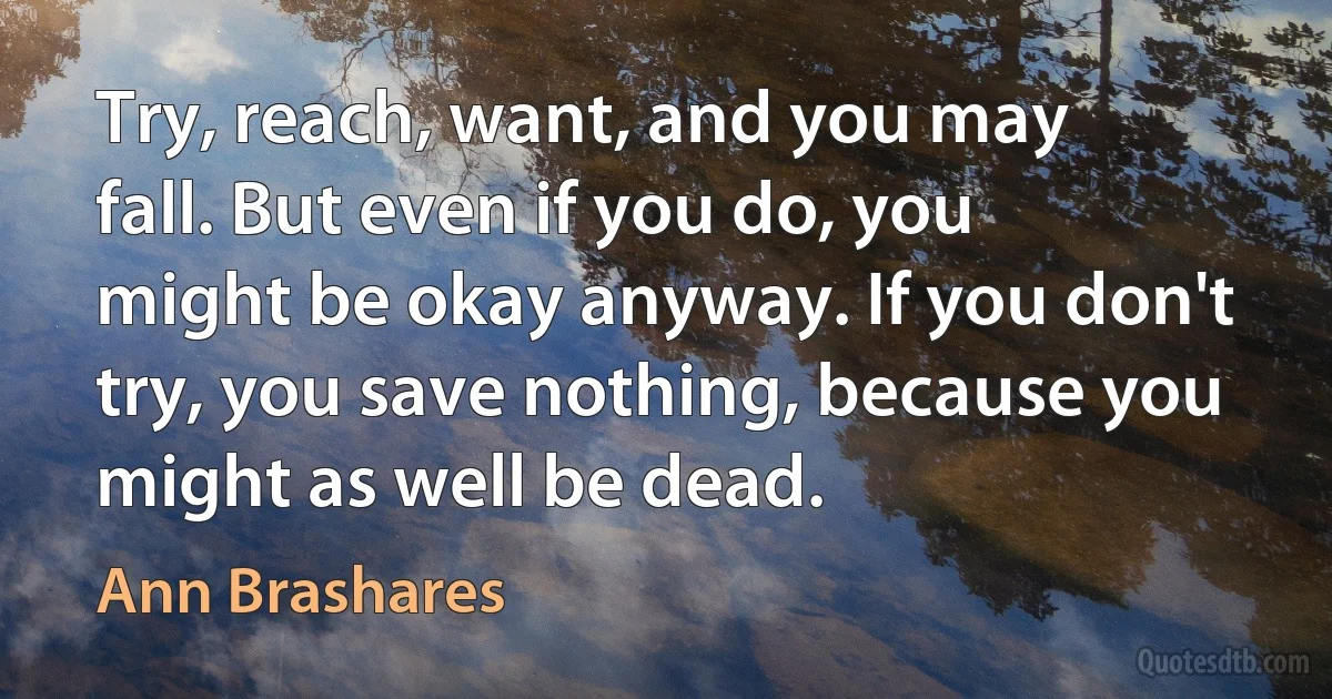 Try, reach, want, and you may fall. But even if you do, you might be okay anyway. If you don't try, you save nothing, because you might as well be dead. (Ann Brashares)