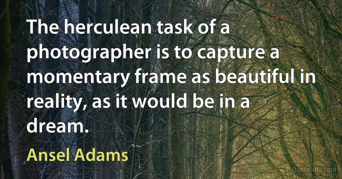 The herculean task of a photographer is to capture a momentary frame as beautiful in reality, as it would be in a dream. (Ansel Adams)