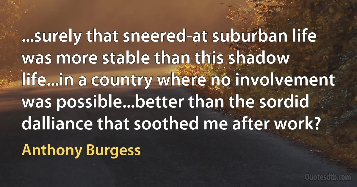 ...surely that sneered-at suburban life was more stable than this shadow life...in a country where no involvement was possible...better than the sordid dalliance that soothed me after work? (Anthony Burgess)