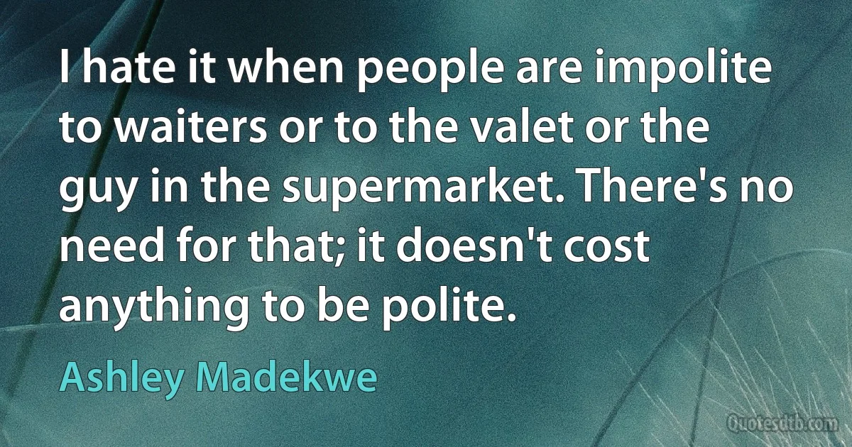 I hate it when people are impolite to waiters or to the valet or the guy in the supermarket. There's no need for that; it doesn't cost anything to be polite. (Ashley Madekwe)