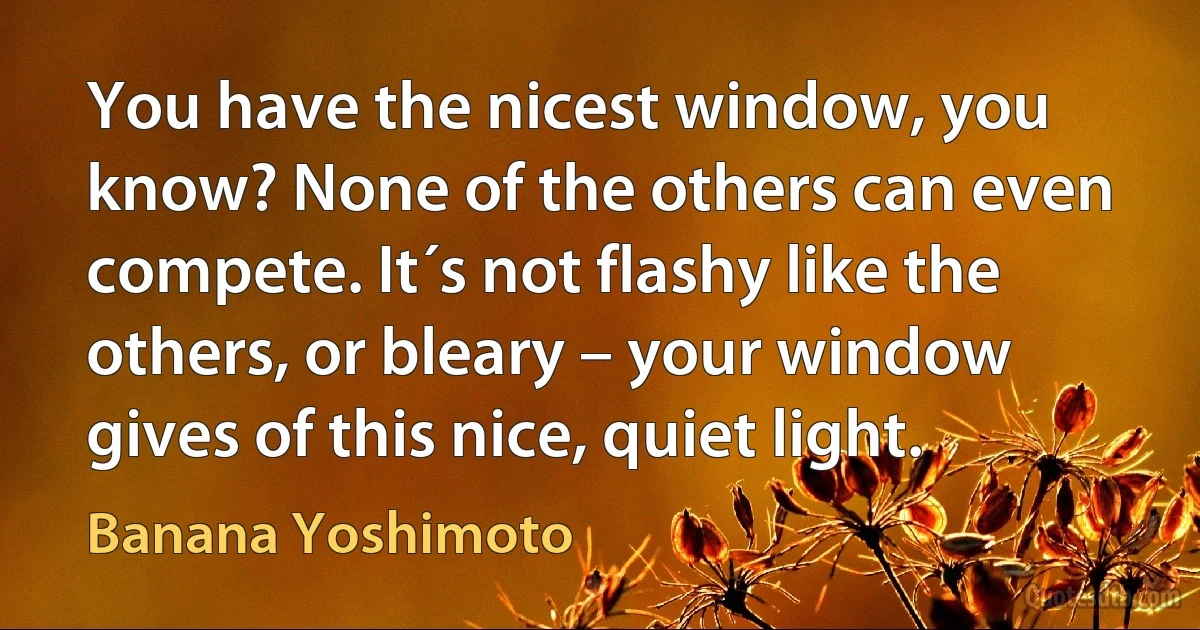 You have the nicest window, you know? None of the others can even compete. It´s not flashy like the others, or bleary – your window gives of this nice, quiet light. (Banana Yoshimoto)