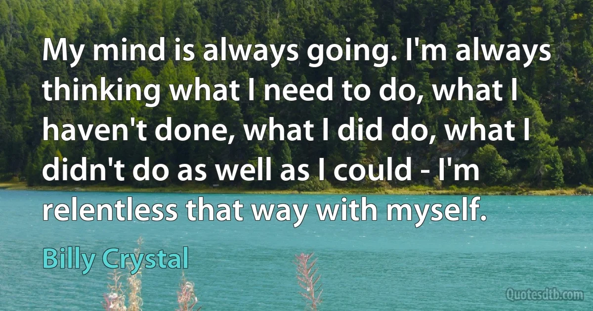 My mind is always going. I'm always thinking what I need to do, what I haven't done, what I did do, what I didn't do as well as I could - I'm relentless that way with myself. (Billy Crystal)