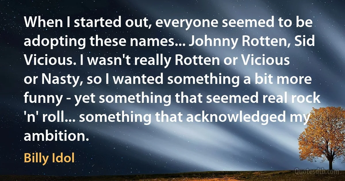 When I started out, everyone seemed to be adopting these names... Johnny Rotten, Sid Vicious. I wasn't really Rotten or Vicious or Nasty, so I wanted something a bit more funny - yet something that seemed real rock 'n' roll... something that acknowledged my ambition. (Billy Idol)