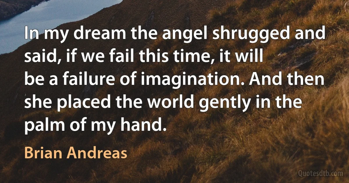 In my dream the angel shrugged and said, if we fail this time, it will be a failure of imagination. And then she placed the world gently in the palm of my hand. (Brian Andreas)