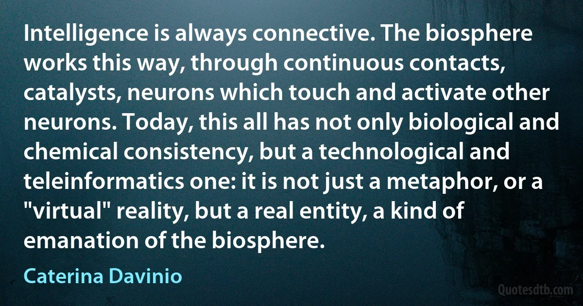 Intelligence is always connective. The biosphere works this way, through continuous contacts, catalysts, neurons which touch and activate other neurons. Today, this all has not only biological and chemical consistency, but a technological and teleinformatics one: it is not just a metaphor, or a "virtual" reality, but a real entity, a kind of emanation of the biosphere. (Caterina Davinio)