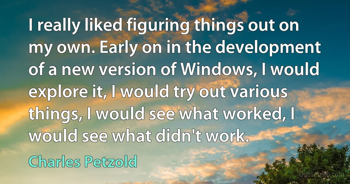 I really liked figuring things out on my own. Early on in the development of a new version of Windows, I would explore it, I would try out various things, I would see what worked, I would see what didn't work. (Charles Petzold)