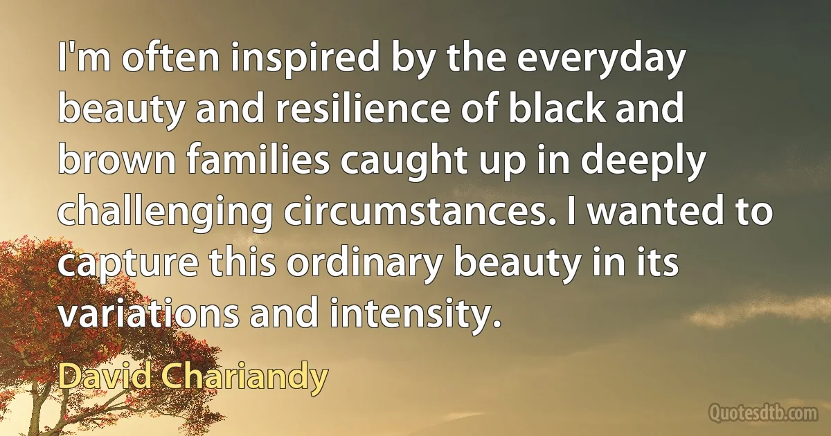 I'm often inspired by the everyday beauty and resilience of black and brown families caught up in deeply challenging circumstances. I wanted to capture this ordinary beauty in its variations and intensity. (David Chariandy)