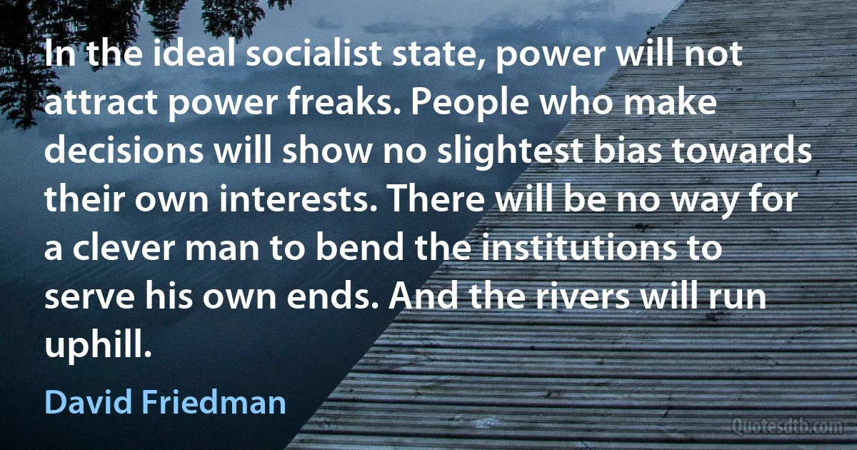 In the ideal socialist state, power will not attract power freaks. People who make decisions will show no slightest bias towards their own interests. There will be no way for a clever man to bend the institutions to serve his own ends. And the rivers will run uphill. (David Friedman)