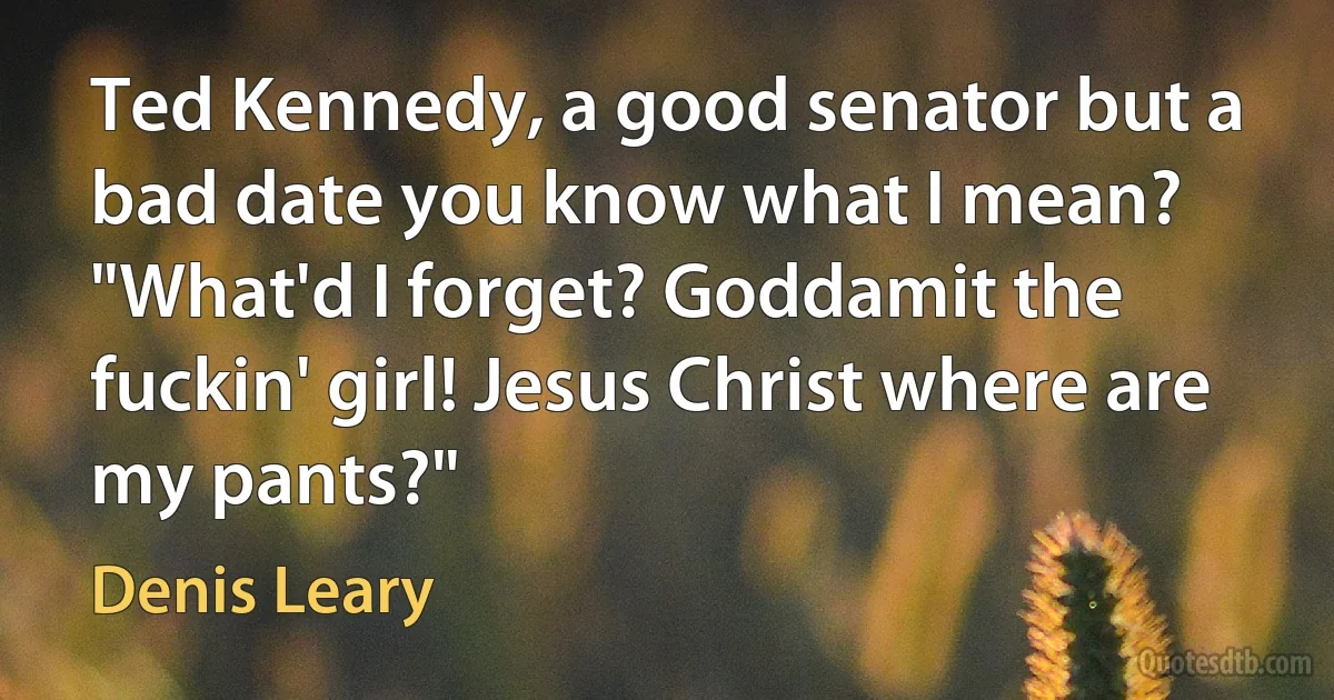 Ted Kennedy, a good senator but a bad date you know what I mean? "What'd I forget? Goddamit the fuckin' girl! Jesus Christ where are my pants?" (Denis Leary)