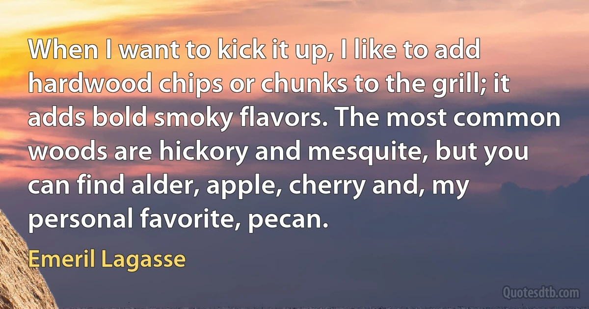 When I want to kick it up, I like to add hardwood chips or chunks to the grill; it adds bold smoky flavors. The most common woods are hickory and mesquite, but you can find alder, apple, cherry and, my personal favorite, pecan. (Emeril Lagasse)