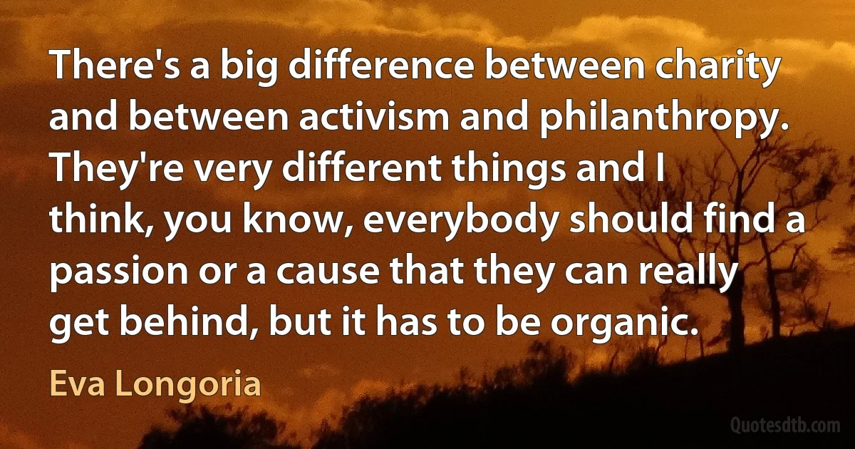 There's a big difference between charity and between activism and philanthropy. They're very different things and I think, you know, everybody should find a passion or a cause that they can really get behind, but it has to be organic. (Eva Longoria)