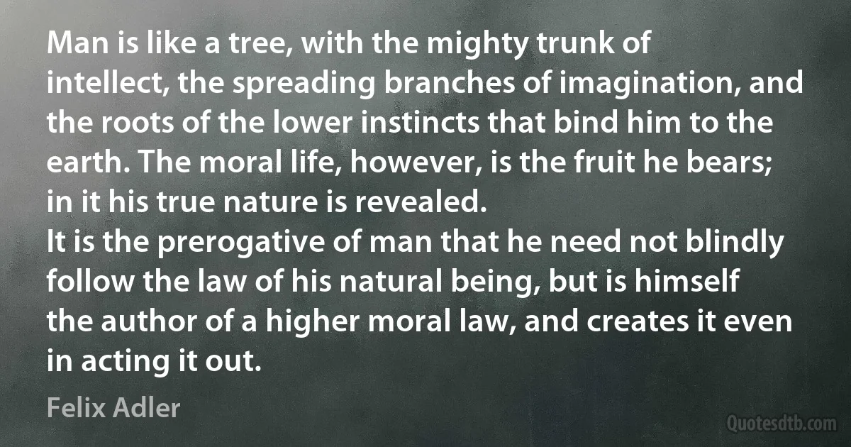 Man is like a tree, with the mighty trunk of intellect, the spreading branches of imagination, and the roots of the lower instincts that bind him to the earth. The moral life, however, is the fruit he bears; in it his true nature is revealed.
It is the prerogative of man that he need not blindly follow the law of his natural being, but is himself the author of a higher moral law, and creates it even in acting it out. (Felix Adler)