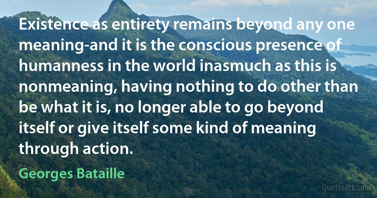 Existence as entirety remains beyond any one meaning-and it is the conscious presence of humanness in the world inasmuch as this is nonmeaning, having nothing to do other than be what it is, no longer able to go beyond itself or give itself some kind of meaning through action. (Georges Bataille)