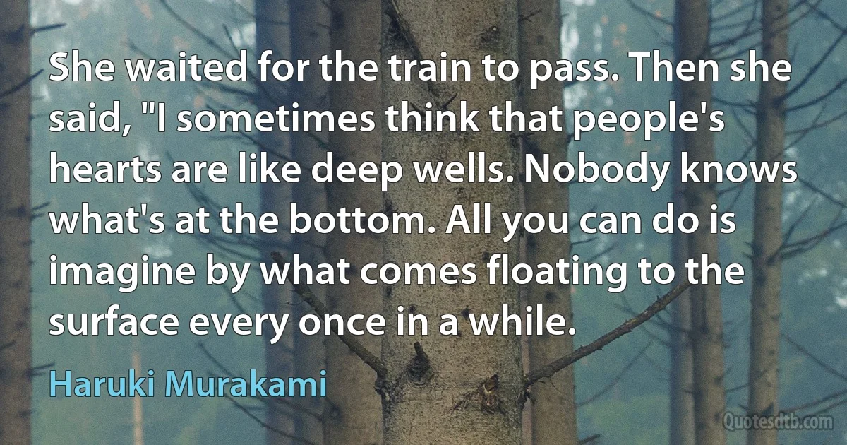 She waited for the train to pass. Then she said, "I sometimes think that people's hearts are like deep wells. Nobody knows what's at the bottom. All you can do is imagine by what comes floating to the surface every once in a while. (Haruki Murakami)