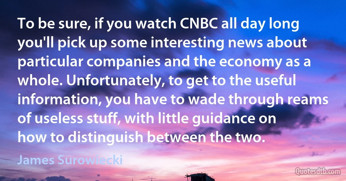 To be sure, if you watch CNBC all day long you'll pick up some interesting news about particular companies and the economy as a whole. Unfortunately, to get to the useful information, you have to wade through reams of useless stuff, with little guidance on how to distinguish between the two. (James Surowiecki)