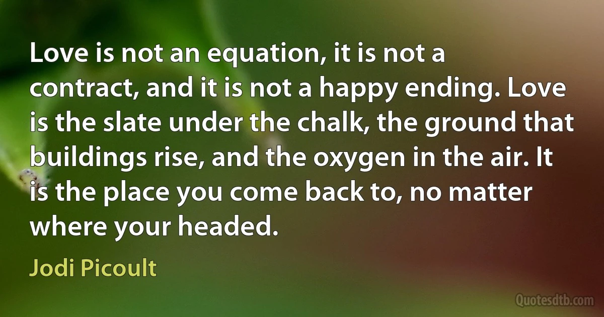 Love is not an equation, it is not a contract, and it is not a happy ending. Love is the slate under the chalk, the ground that buildings rise, and the oxygen in the air. It is the place you come back to, no matter where your headed. (Jodi Picoult)