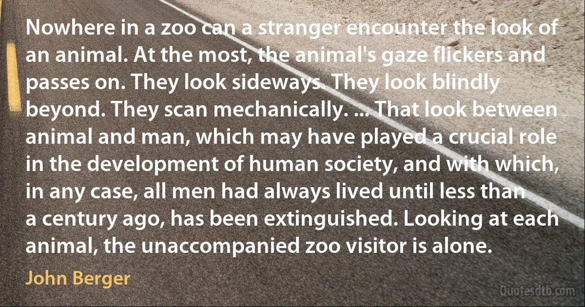 Nowhere in a zoo can a stranger encounter the look of an animal. At the most, the animal's gaze flickers and passes on. They look sideways. They look blindly beyond. They scan mechanically. ... That look between animal and man, which may have played a crucial role in the development of human society, and with which, in any case, all men had always lived until less than a century ago, has been extinguished. Looking at each animal, the unaccompanied zoo visitor is alone. (John Berger)