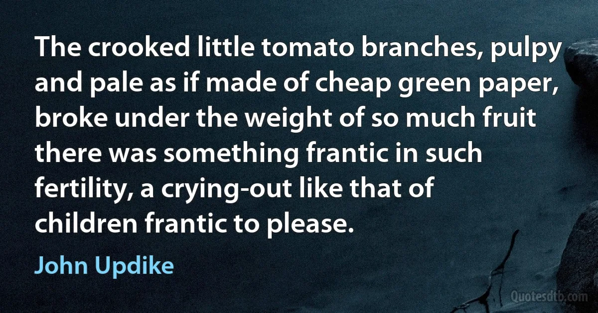 The crooked little tomato branches, pulpy and pale as if made of cheap green paper, broke under the weight of so much fruit there was something frantic in such fertility, a crying-out like that of children frantic to please. (John Updike)