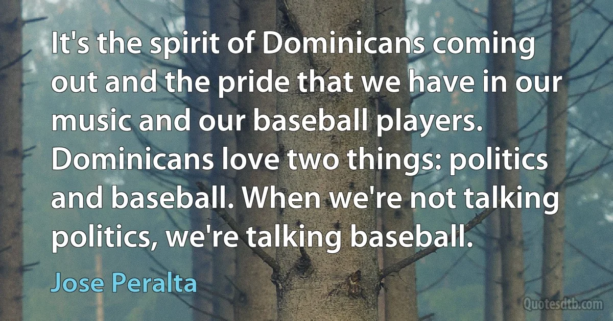 It's the spirit of Dominicans coming out and the pride that we have in our music and our baseball players. Dominicans love two things: politics and baseball. When we're not talking politics, we're talking baseball. (Jose Peralta)