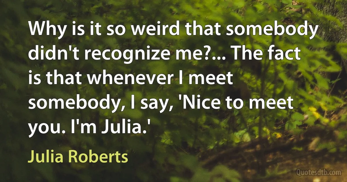 Why is it so weird that somebody didn't recognize me?... The fact is that whenever I meet somebody, I say, 'Nice to meet you. I'm Julia.' (Julia Roberts)