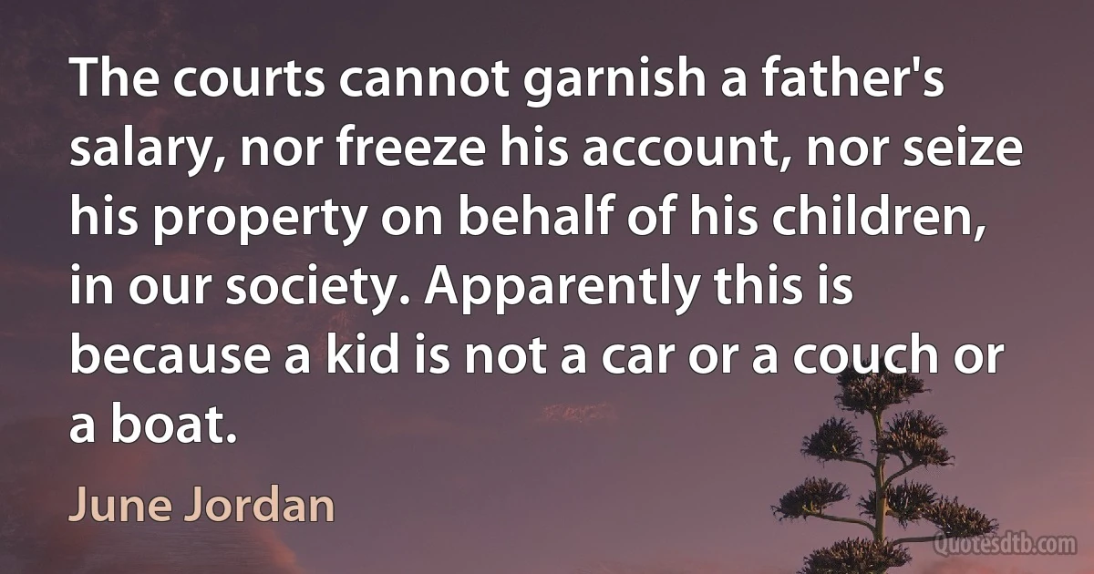 The courts cannot garnish a father's salary, nor freeze his account, nor seize his property on behalf of his children, in our society. Apparently this is because a kid is not a car or a couch or a boat. (June Jordan)