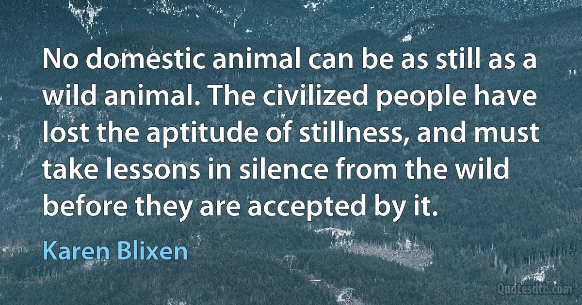 No domestic animal can be as still as a wild animal. The civilized people have lost the aptitude of stillness, and must take lessons in silence from the wild before they are accepted by it. (Karen Blixen)