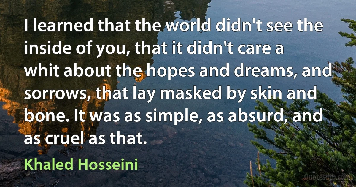 I learned that the world didn't see the inside of you, that it didn't care a whit about the hopes and dreams, and sorrows, that lay masked by skin and bone. It was as simple, as absurd, and as cruel as that. (Khaled Hosseini)