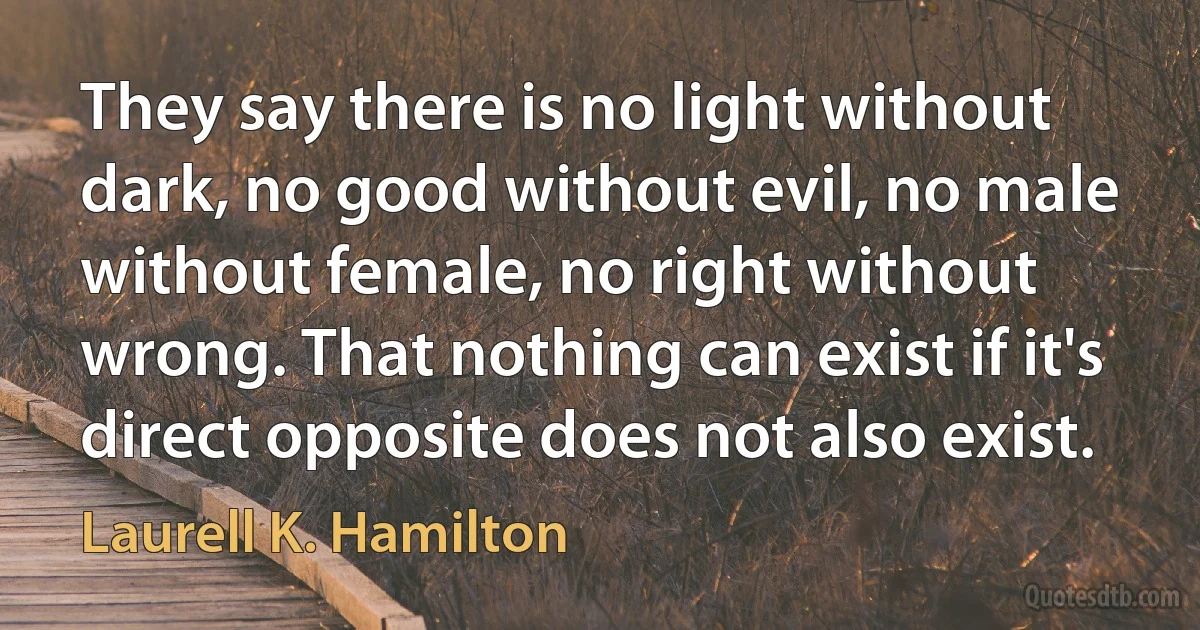 They say there is no light without dark, no good without evil, no male without female, no right without wrong. That nothing can exist if it's direct opposite does not also exist. (Laurell K. Hamilton)