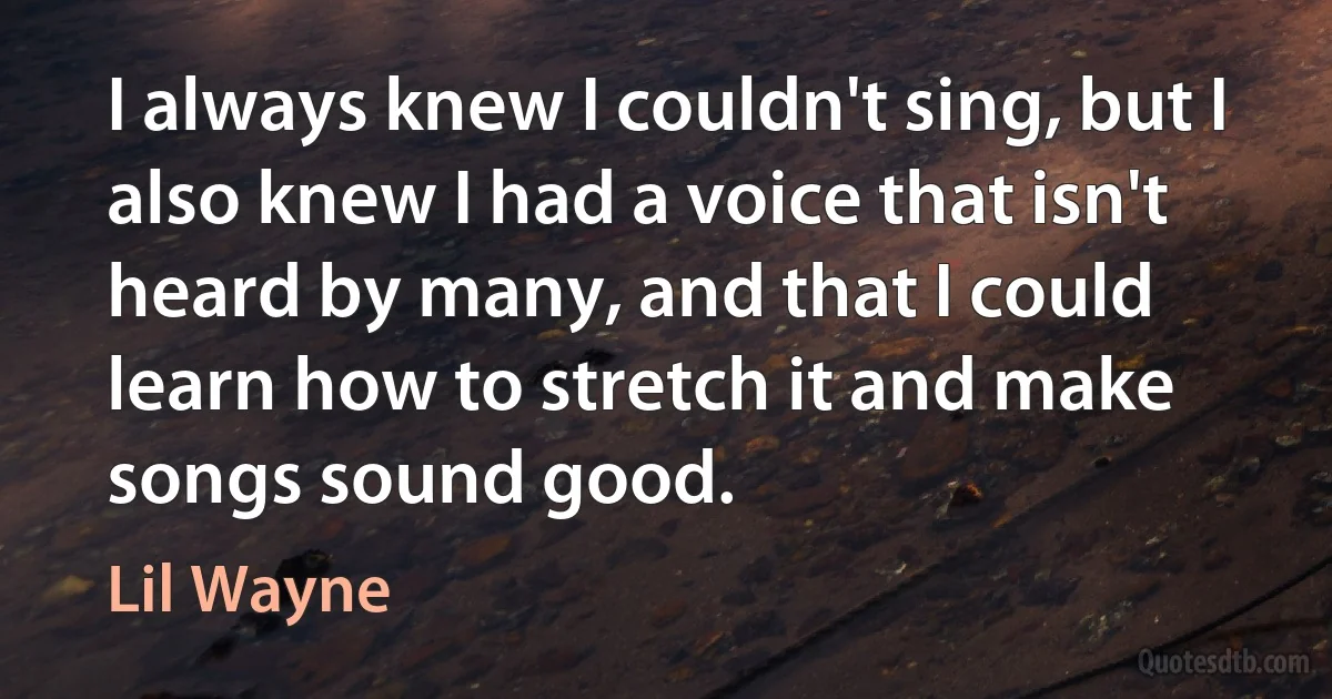 I always knew I couldn't sing, but I also knew I had a voice that isn't heard by many, and that I could learn how to stretch it and make songs sound good. (Lil Wayne)