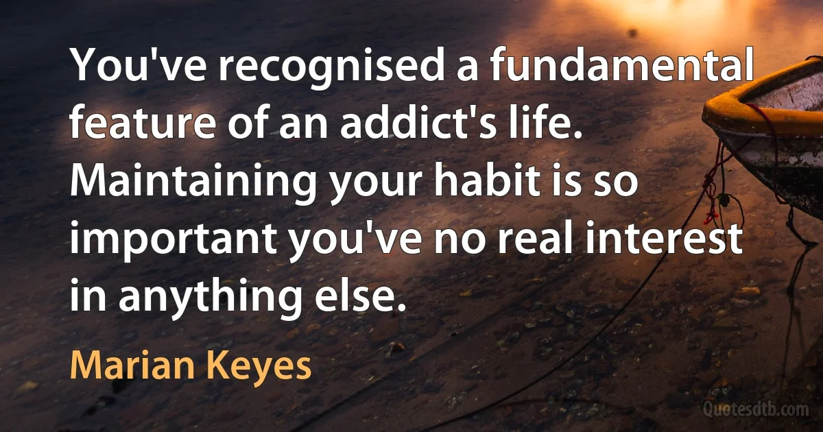 You've recognised a fundamental feature of an addict's life. Maintaining your habit is so important you've no real interest in anything else. (Marian Keyes)