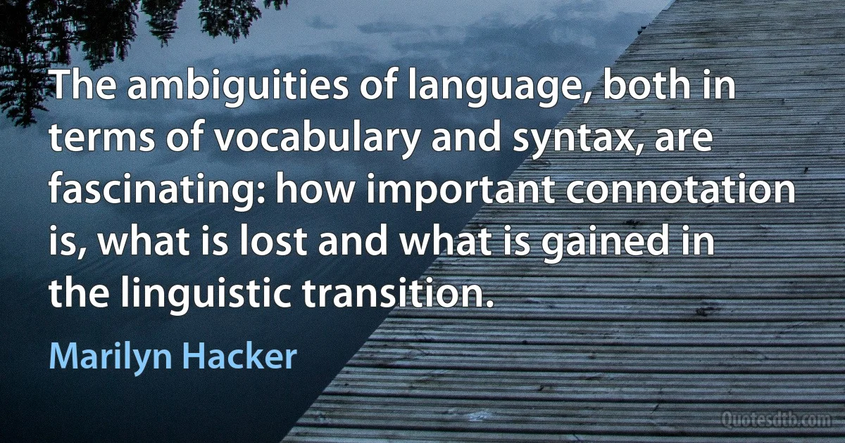 The ambiguities of language, both in terms of vocabulary and syntax, are fascinating: how important connotation is, what is lost and what is gained in the linguistic transition. (Marilyn Hacker)