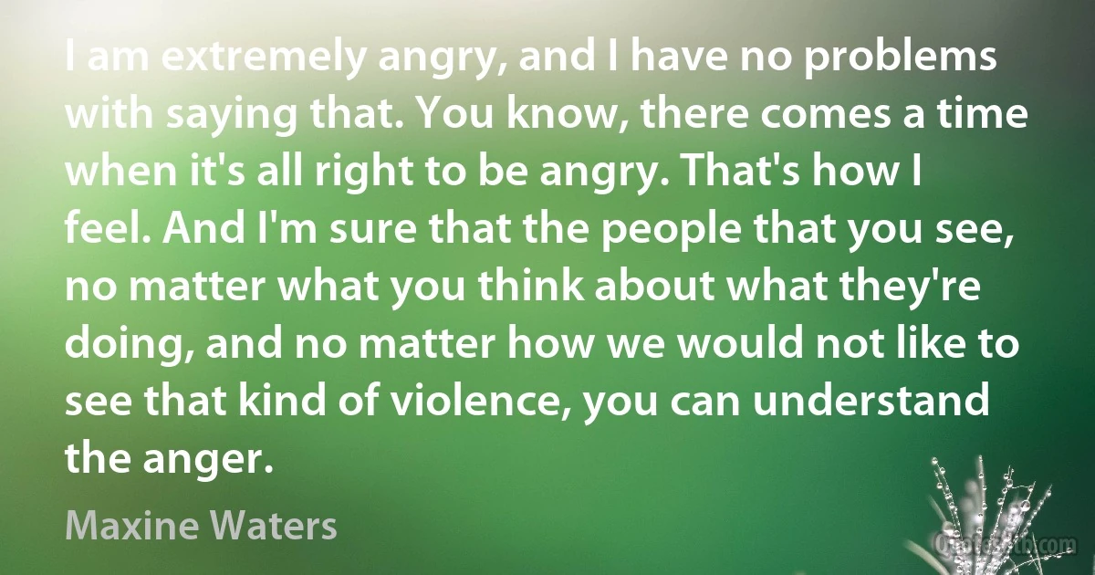 I am extremely angry, and I have no problems with saying that. You know, there comes a time when it's all right to be angry. That's how I feel. And I'm sure that the people that you see, no matter what you think about what they're doing, and no matter how we would not like to see that kind of violence, you can understand the anger. (Maxine Waters)