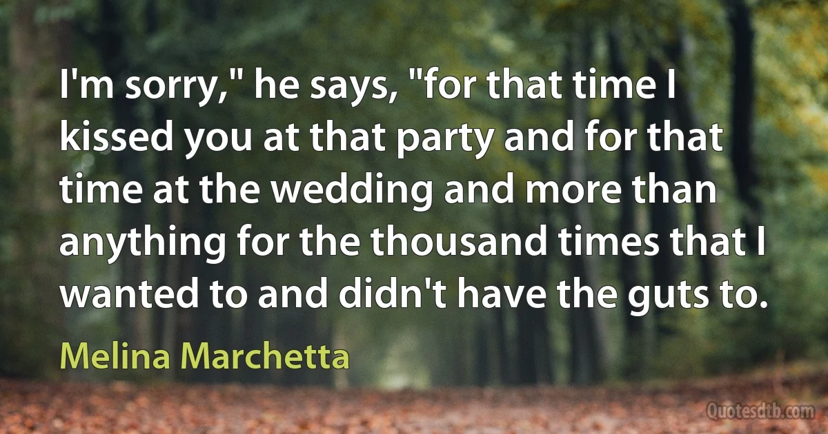 I'm sorry," he says, "for that time I kissed you at that party and for that time at the wedding and more than anything for the thousand times that I wanted to and didn't have the guts to. (Melina Marchetta)