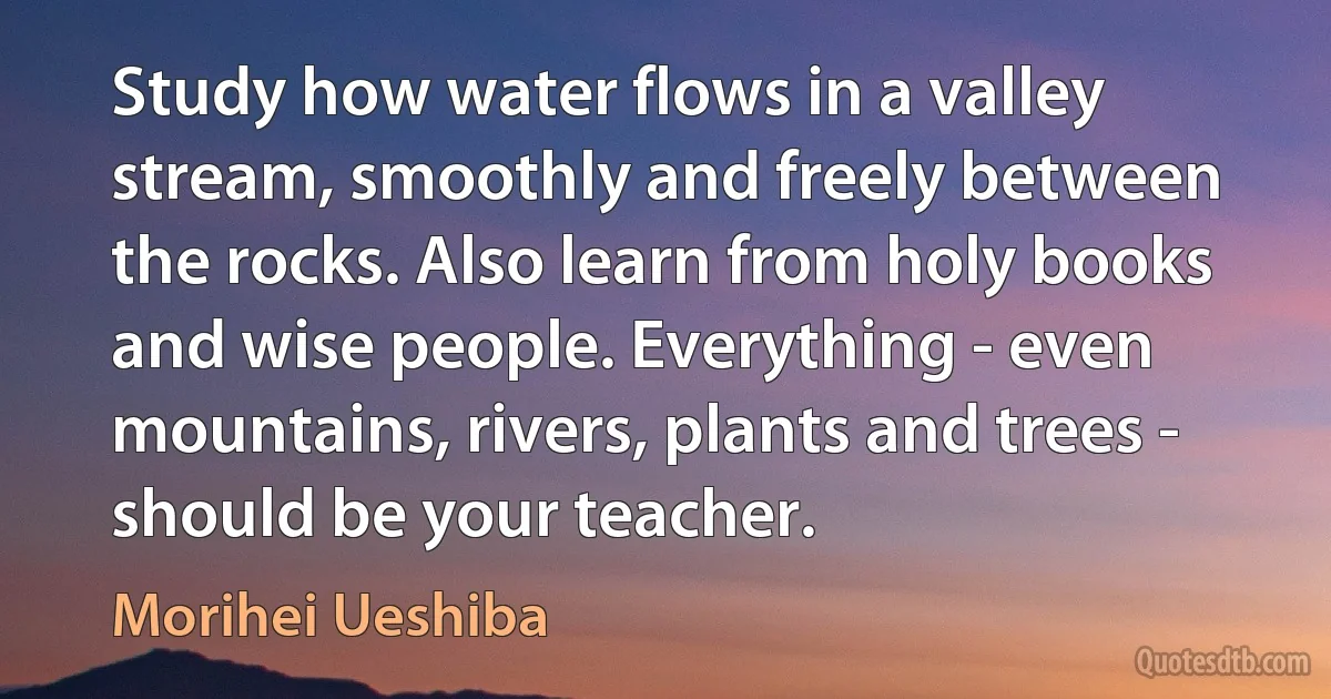 Study how water flows in a valley stream, smoothly and freely between the rocks. Also learn from holy books and wise people. Everything - even mountains, rivers, plants and trees - should be your teacher. (Morihei Ueshiba)