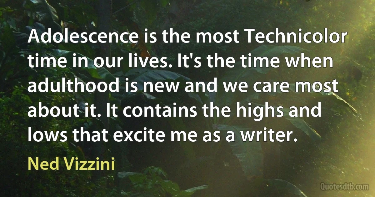 Adolescence is the most Technicolor time in our lives. It's the time when adulthood is new and we care most about it. It contains the highs and lows that excite me as a writer. (Ned Vizzini)