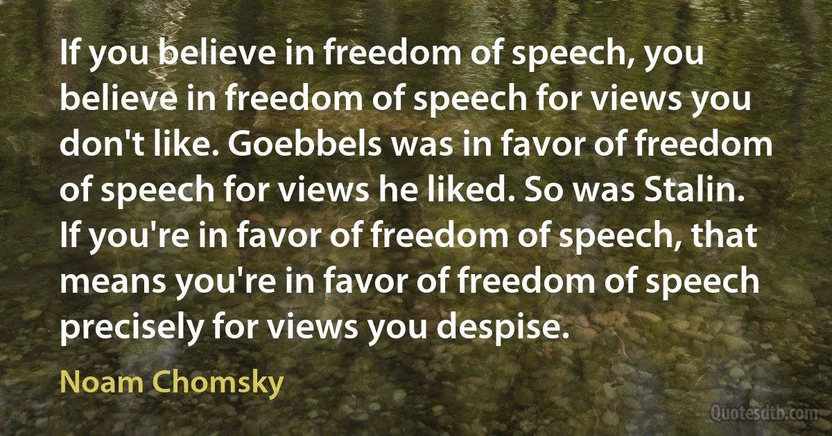 If you believe in freedom of speech, you believe in freedom of speech for views you don't like. Goebbels was in favor of freedom of speech for views he liked. So was Stalin. If you're in favor of freedom of speech, that means you're in favor of freedom of speech precisely for views you despise. (Noam Chomsky)