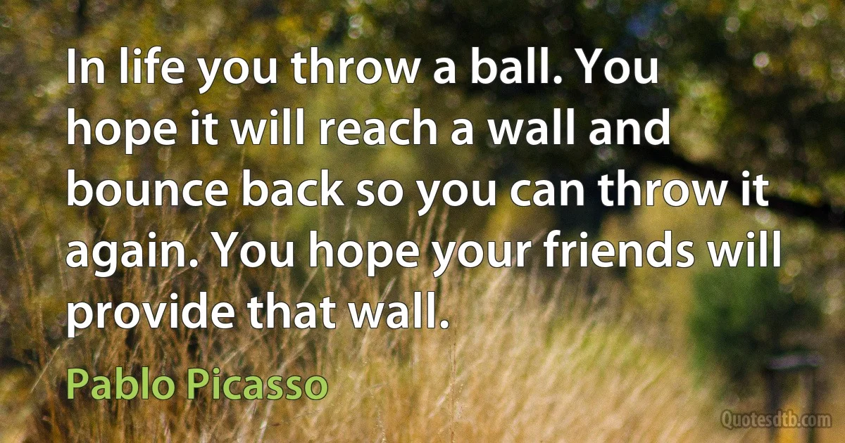 In life you throw a ball. You hope it will reach a wall and bounce back so you can throw it again. You hope your friends will provide that wall. (Pablo Picasso)