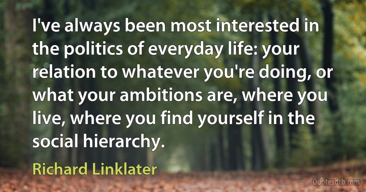 I've always been most interested in the politics of everyday life: your relation to whatever you're doing, or what your ambitions are, where you live, where you find yourself in the social hierarchy. (Richard Linklater)