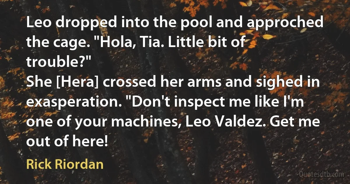 Leo dropped into the pool and approched the cage. "Hola, Tia. Little bit of trouble?"
She [Hera] crossed her arms and sighed in exasperation. "Don't inspect me like I'm one of your machines, Leo Valdez. Get me out of here! (Rick Riordan)