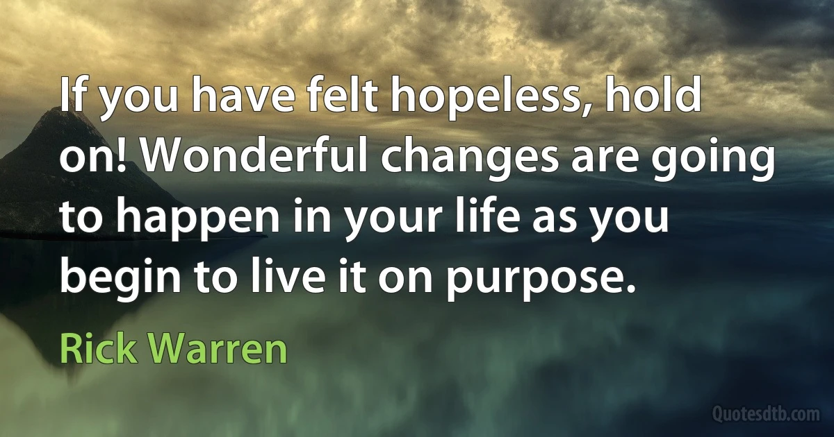 If you have felt hopeless, hold on! Wonderful changes are going to happen in your life as you begin to live it on purpose. (Rick Warren)