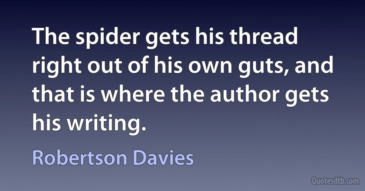 The spider gets his thread right out of his own guts, and that is where the author gets his writing. (Robertson Davies)