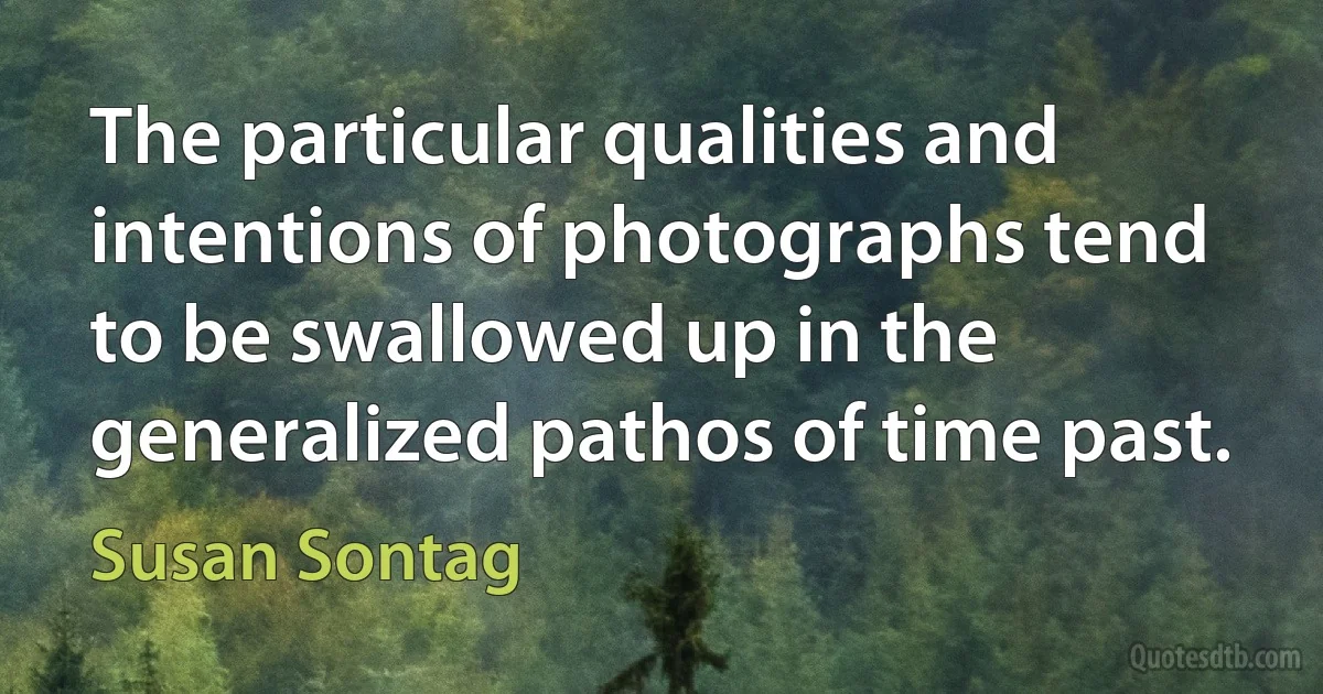 The particular qualities and intentions of photographs tend to be swallowed up in the generalized pathos of time past. (Susan Sontag)