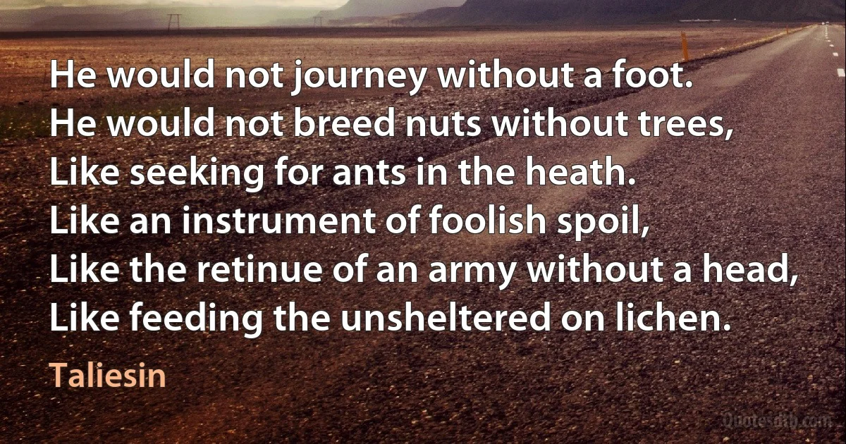 He would not journey without a foot.
He would not breed nuts without trees,
Like seeking for ants in the heath.
Like an instrument of foolish spoil,
Like the retinue of an army without a head,
Like feeding the unsheltered on lichen. (Taliesin)