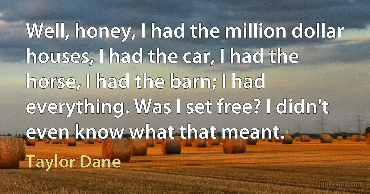 Well, honey, I had the million dollar houses, I had the car, I had the horse, I had the barn; I had everything. Was I set free? I didn't even know what that meant. (Taylor Dane)