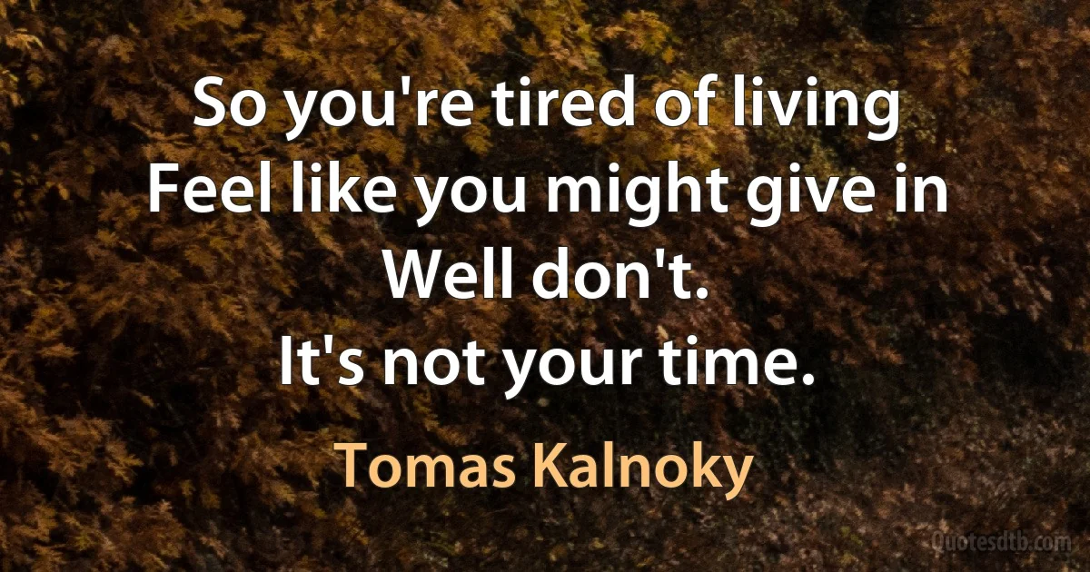 So you're tired of living
Feel like you might give in
Well don't.
It's not your time. (Tomas Kalnoky)