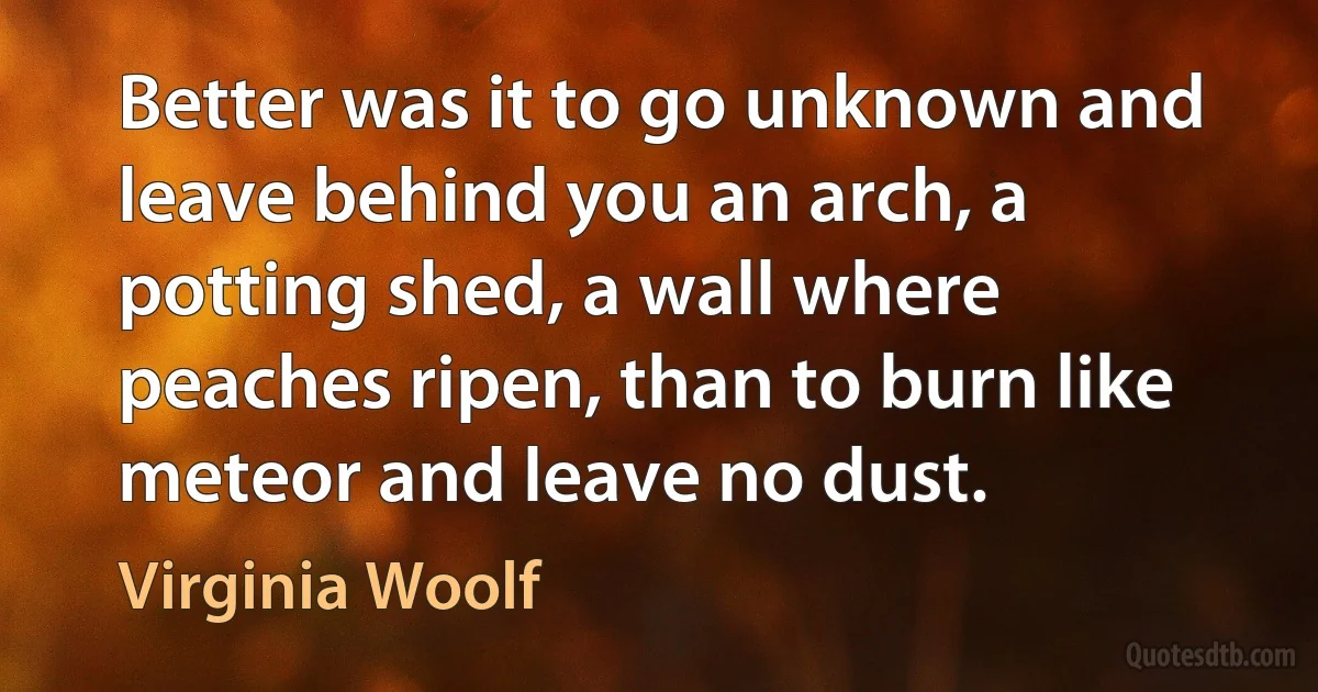 Better was it to go unknown and leave behind you an arch, a potting shed, a wall where peaches ripen, than to burn like meteor and leave no dust. (Virginia Woolf)