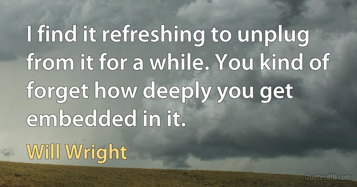 I find it refreshing to unplug from it for a while. You kind of forget how deeply you get embedded in it. (Will Wright)