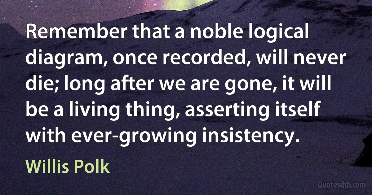 Remember that a noble logical diagram, once recorded, will never die; long after we are gone, it will be a living thing, asserting itself with ever-growing insistency. (Willis Polk)