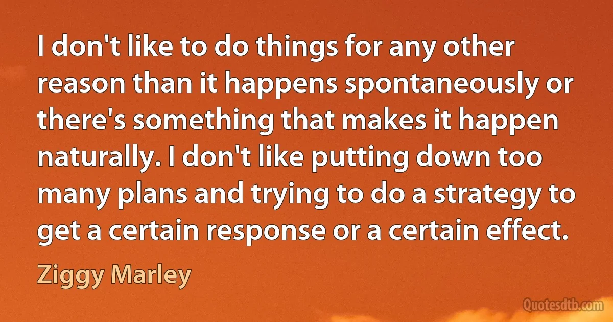 I don't like to do things for any other reason than it happens spontaneously or there's something that makes it happen naturally. I don't like putting down too many plans and trying to do a strategy to get a certain response or a certain effect. (Ziggy Marley)